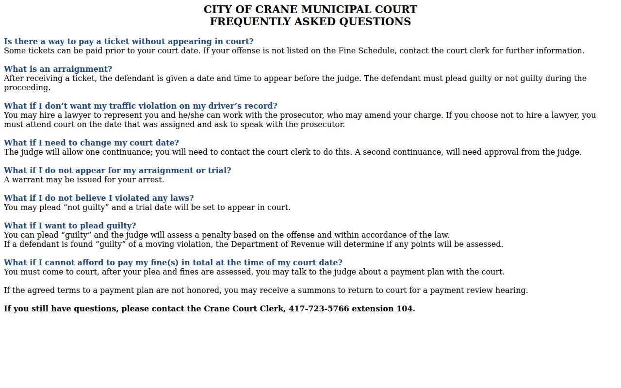 Crane court docket arraignment continuance and plea record