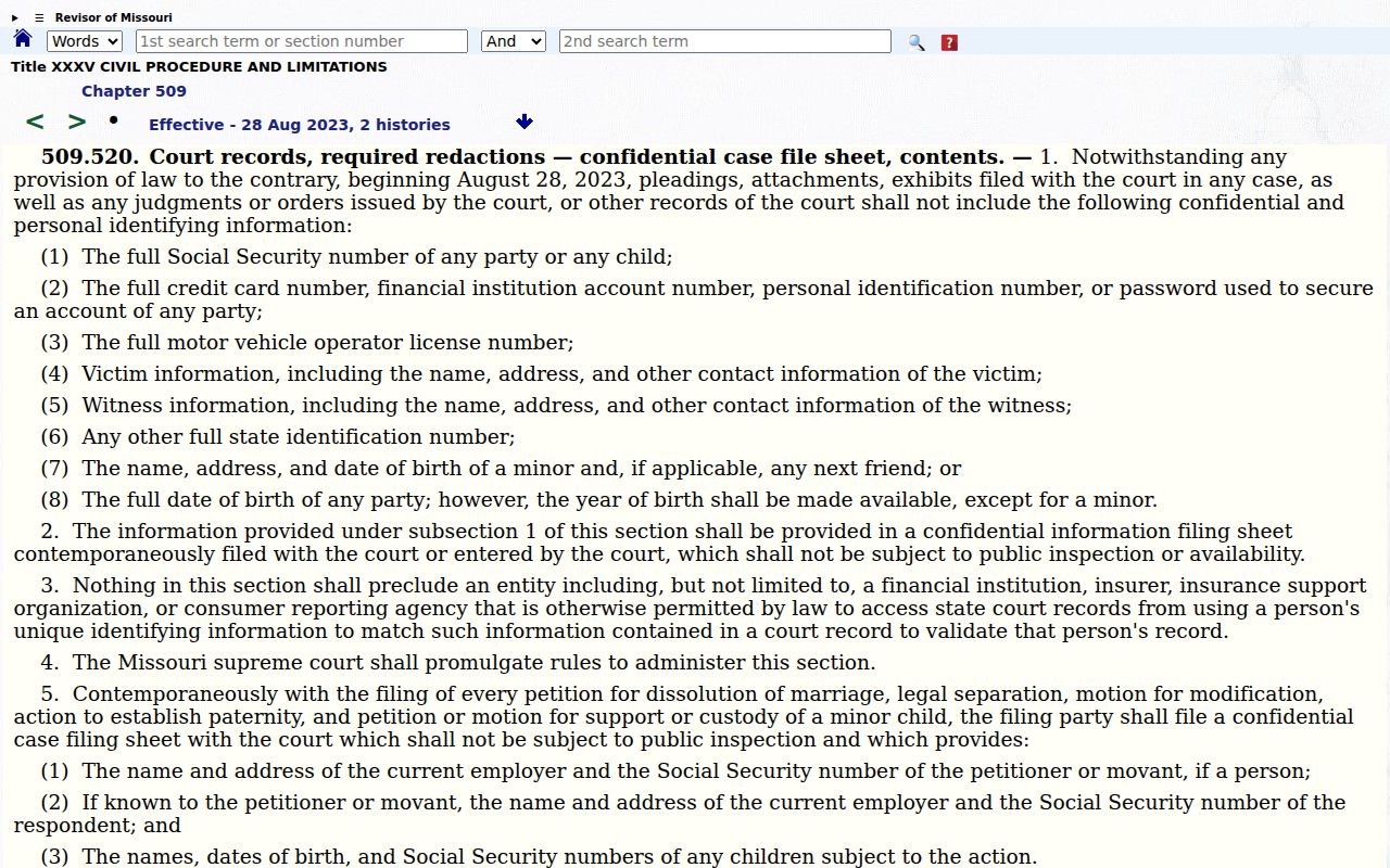 Stone County criminal docket filing-privacy restrictions